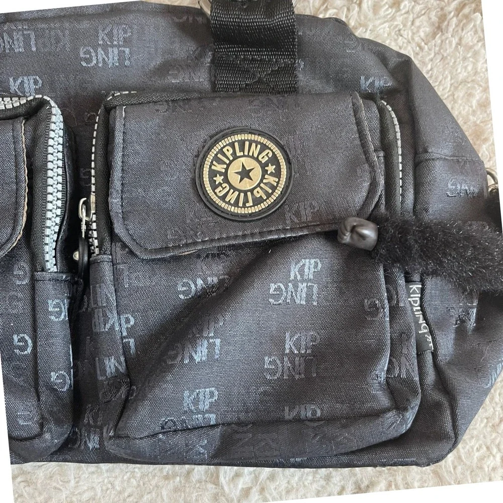 Vintage Kipling Black Logo Print Satchel Duffel Bag Monkey Keychain Y2K Canvas